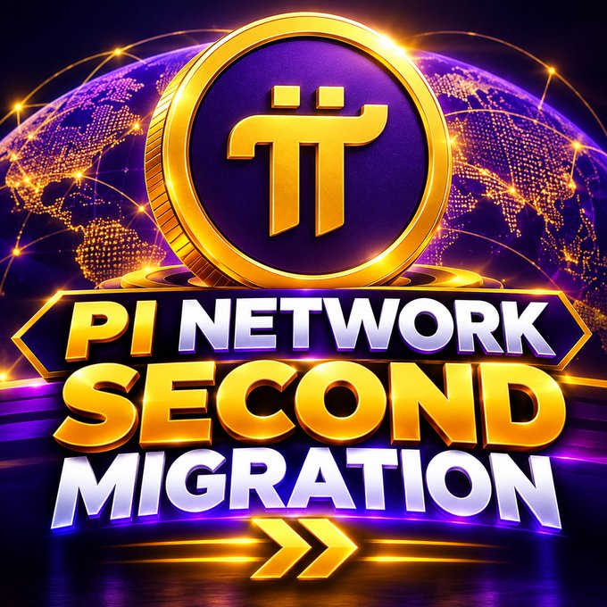 A digital graphic displays a gold Pi Network coin logo above the text 'PI NETWORK SECOND MIGRATION' against a purple and orange glowing globe background.