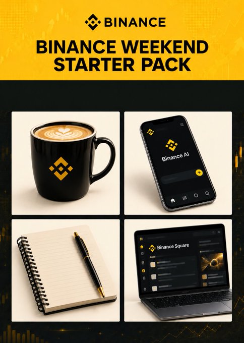 Binance 'Weekend Starter Pack' promotional graphic featuring a coffee mug with Binance logo, a phone displaying 'Binance AI', a notebook with pen, and a laptop showing 'Binance Square'.