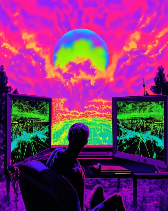 A vibrant, neon-colored digital artwork depicts a person sitting at a desk with multiple monitors displaying green-tinted landscapes, set against a surreal sky with a large glowing orb.