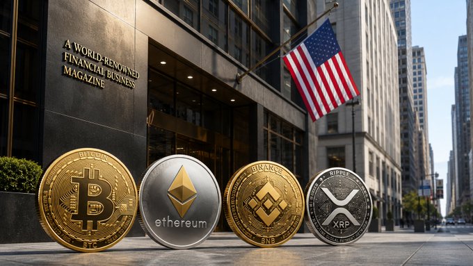 A corporate building displaying "A World-Renowned Financial Business Magazine" signage with an American flag, featuring physical coins representing Bitcoin, Ethereum, BNB, and XRP in the foreground—visually echoing Forbes' ranking of XRP at #4 among top cryptocurrencies.