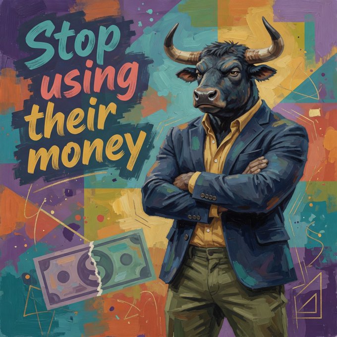 A stylized painting of a bull in a blue blazer with the text 'Stop using their money' alongside a torn banknote.