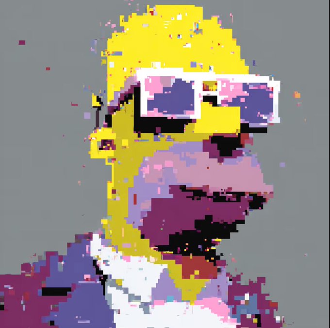 Pixelated digital art of Homer Simpson wearing pixelated sunglasses, rendered in a glitchy style with yellow, purple, and pink tones.