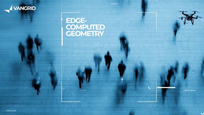 A blue-tinted image showing blurred silhouettes of people walking on a tiled floor, branded with 'VANGRID' and labeled 'EDGE-COMPUTED GEOMETRY' with a drone visible in the upper right corner.