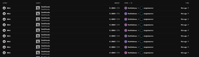 A transaction history screenshot showing multiple "Mint" events for "DarkHoods" NFTs at 0.0094 ETH each, all involving the same accounts ("NuhAddress" and "singledavinci"), all timestamped "16m ago." The image supports the tweet's claim that someone is minting DarkHoods into wallets without the owner's consent, illustrating repeated unauthorized mints appearing in the user's transaction history.