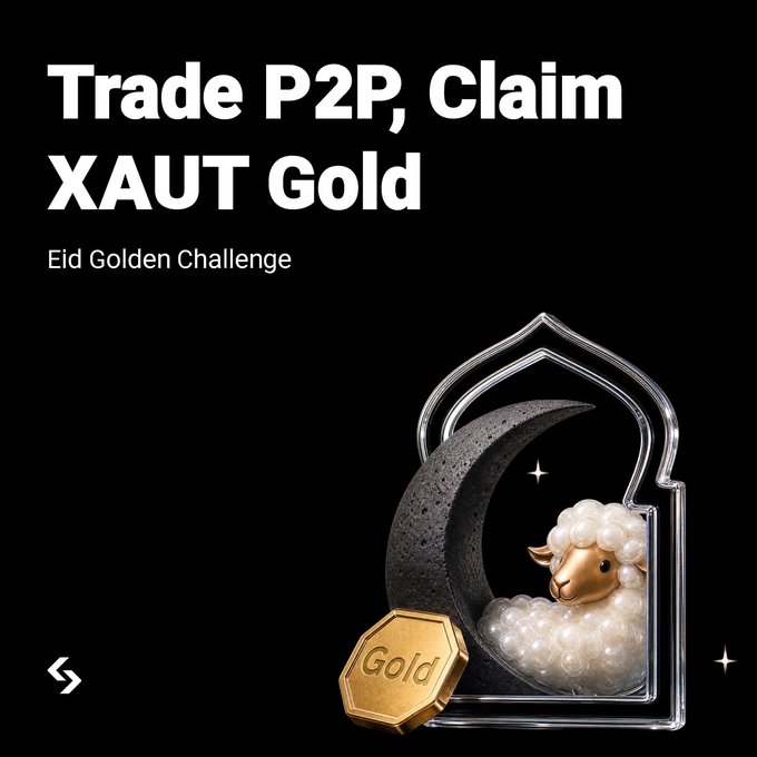 In the image, there are two key elements - a sheep with horns that appears to be inside a golden frame, and an XAUT Gold coin featuring a sheep design. The background of the image is black, making these objects stand out prominently. Additionally, the title of the post is displayed in white text at the top, stating "Trade P2P, Claim XAUT Gold".