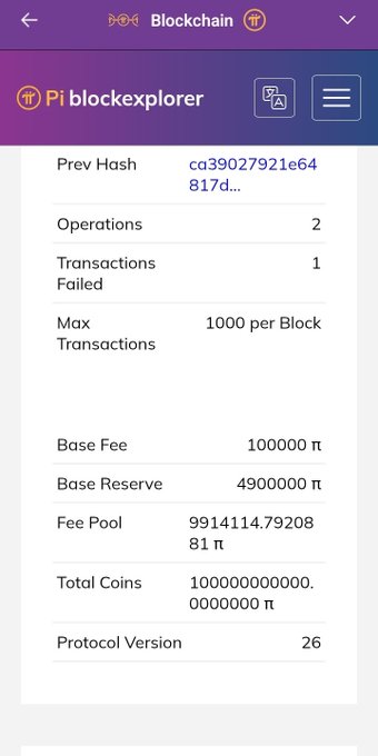 A screenshot of the "Pi blockexplorer" mobile app displaying blockchain statistics including Prev Hash, 2 Operations, 1 Failed Transaction, Max Transactions of 1000, Base Fee of 100000 π, and Total Coins of 10,000,000,000 π.
