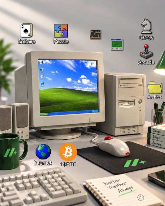 A retro computer desktop scene with a Windows XP background, featuring shortcut icons for Solitaire, Puzzle, Chess, Arcade, Archive, Internet, and 1$BTC, alongside a notepad reading 'Better Together Always'.