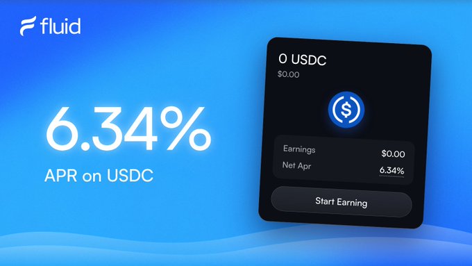 A blue marketing banner from **Fluid** showcases **6.34% APR on USDC**, displaying a wallet interface showing 0 USDC balance with a "Start Earning" button, illustrating the post's comparison of traditional bank and T-bill yields against its higher USDC staking returns.