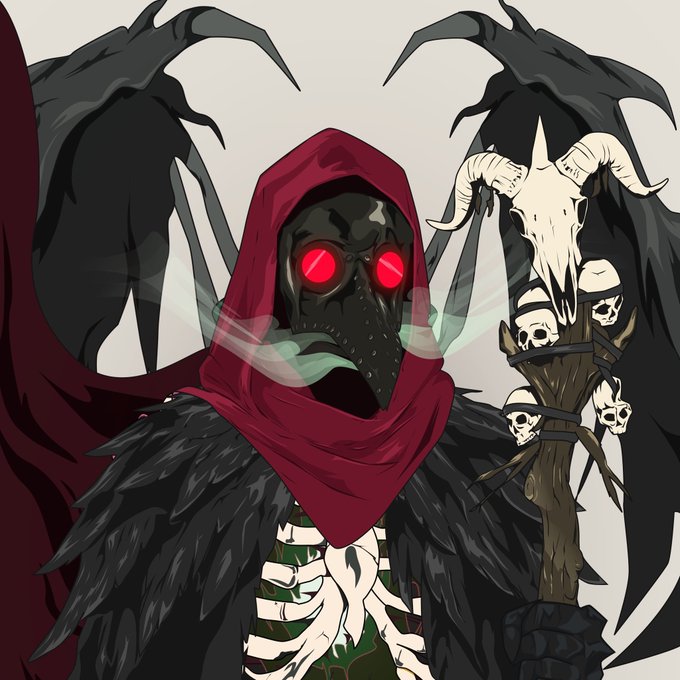 A dark fantasy illustration of a menacing hooded figure with glowing red eyes, a plague doctor-style mask, skeletal staff, and shadowy wing-like appendages.