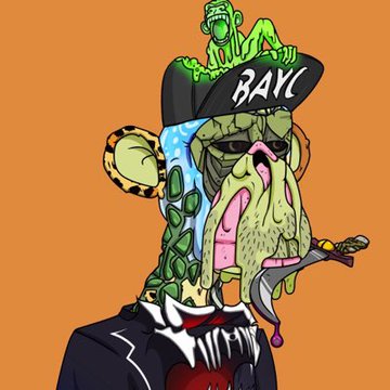 A cartoonish illustration of a grotesque green-faced character wearing a black suit with a red bow tie, sunglasses, and a cap reading 'BAYC', with a green frog perched on top.