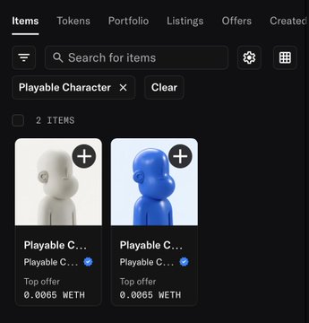 A screenshot of a digital marketplace interface showing two NFT listings of "Playable Character" items, one white and one blue, with top offers of 0.0065 WETH.