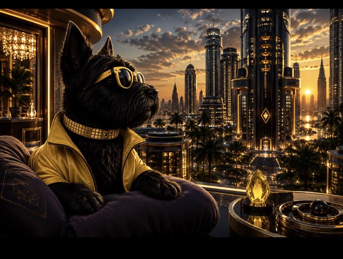 A stylish black dog wearing gold sunglasses and a yellow jacket lounges on a luxurious cushion overlooking a futuristic city skyline at sunset, with a glowing golden artifact and tray beside it—visually embodying the upscale, high-rise "Totonia Towers" digital community being built on the XRP Ledger.