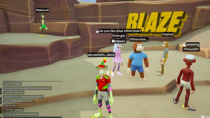 An isometric view of a virtual 3D desert environment where several NFT avatars gather, including a frog-like character, a monkey, and other figures, with usernames like 'Makaveli', 'devastatin_dave', 'ItsAngie', 'Otherclaw_', and 'Prescott-' floating above their heads.