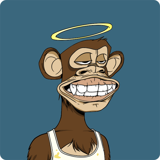 The image features a cartoon monkey wearing a tank top, standing against a blue background with a halo around its head. The monkey appears to be smiling and has a happy expression. The caption of the image reads "Ape #4408 Bought for 9.739 ETH 0xc77e...246c stayliquid.eth etherscan.io/tx/0x74d086c73 ... Return to Monke: opensea.io/collection/bor".
