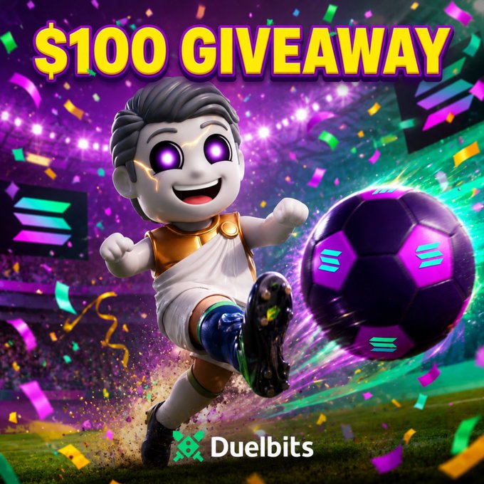 A vibrant promotional graphic for a Duelbits "$100 GIVEAWAY" featuring an animated cartoon soccer player kicking a glowing purple ball amid confetti and stadium lights, with the Duelbits logo displayed at the bottom. The festive sports-themed image visually supports the giveaway announcement, which calls on followers to tag friends and engage for a chance to win.