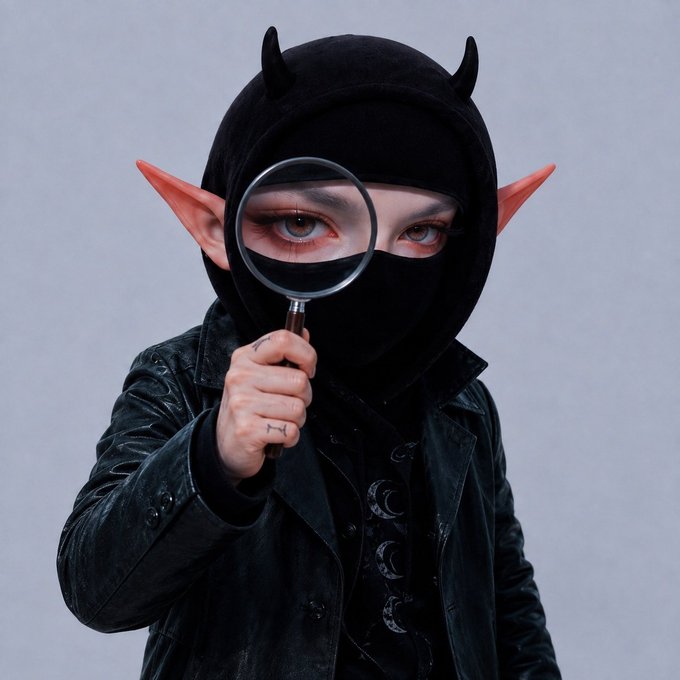 A person wearing a black horned balaclava and elf ears, holding a magnifying glass up to one eye, wearing a black leather jacket.