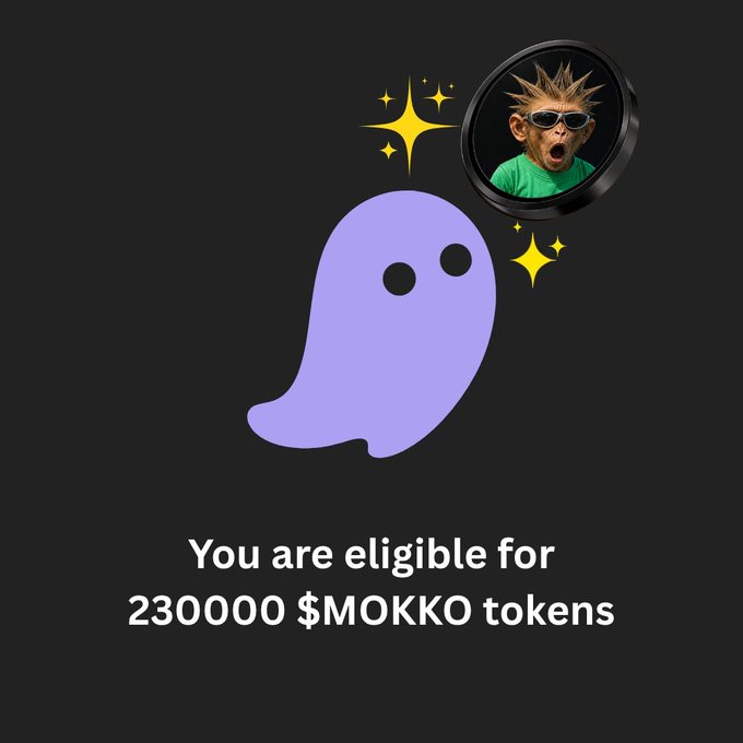 A promotional image with a dark background showing a purple ghost mascot and a circular profile picture of a surprised-looking character with sunglasses, with text reading 'You are eligible for 230000 $MOKKO tokens'.
