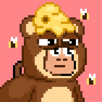 Pixel art of a brown monkey with a banana-shaped crown wearing white sunglasses, surrounded by bees against a pink background.