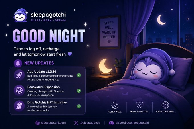 A promotional graphic for 'sleepagotchi' featuring the tagline 'GOOD NIGHT' and 'SLEEP • EARN • DREAM,' with 'NEW UPDATES' listed including App Update v2.0.14, Ecosystem Expansion, and Dino Gotchis NFT Initiative.