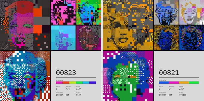 The image shows a collection of digital art pieces featuring faces with different colors and patterns, including a square mosaic of faces that are not colorfully represented. The post also includes information about the artwork, such as its acquisition value (TBAM) and the artist's name.