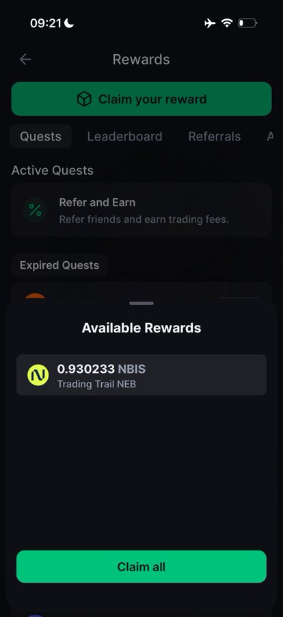 A mobile screenshot of the Backpack app's Rewards page showing 0.930233 NBIS available to claim from a "Trading Trail NEB" reward, with a green "Claim all" button at the bottom. The image illustrates the post's message about compounding rewards and building one's crypto stack.
