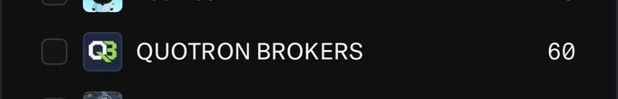 A dark interface showing an entry for 'QUOTRON BROKERS' with a green logo and the number '60' displayed beside it.
