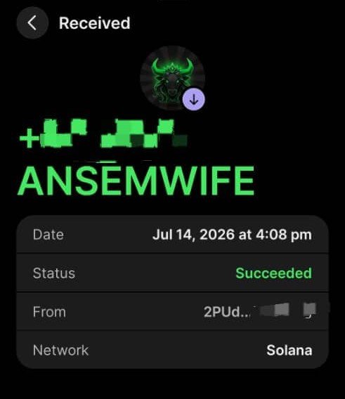 A mobile screenshot of a cryptocurrency transaction showing 'Received' from a profile with a green demon icon to 'ANSEMWIFE', dated Jul 14, 2026 at 4:08 pm, with a 'Succeeded' status on the Solana network.