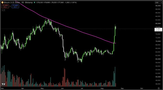 A Bitcoin/USD daily candlestick chart from Bitstamp shows BTC breaking sharply above its descending 200-day moving average (pink line) with a surge to $77,963 (+1.61%), accompanied by a spike in trading volume. The post argues that this powerful breakout from a multi-month accumulation base, with exceptional velocity through the 200DMA, historically has not marked a bear market rally in Bitcoin.