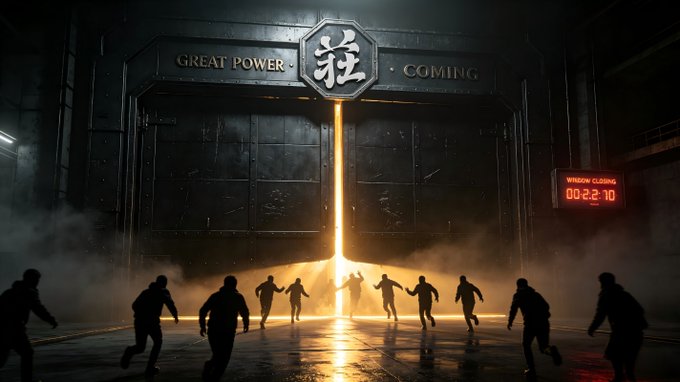 A dramatic scene of silhouettes running toward a massive, industrial door slowly opening to reveal a bright golden light, with the text 'GREAT POWER · 莊 · COMING' above and a red digital countdown timer reading '00:2:10' on the right wall.