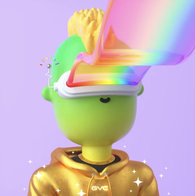 A green 3D character wearing a gold hoodie with "GVC" on the chest and futuristic VR-style goggles projects a vibrant rainbow beam from its visor, accompanied by a french fry and sparkling stars against a lavender background — visually symbolizing the colorful, forward-looking optimism that aligns with the post's declaration that "NFTs are inevitable."