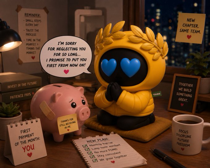 A 3D-rendered scene featuring a yellow robot with heart-shaped blue eyes praying next to a pink piggy bank, with a speech bubble reading 'I'M SORRY FOR NEGLECTING YOU FOR SO LONG... I PROMISE TO PUT YOU FIRST FROM NOW ON!'