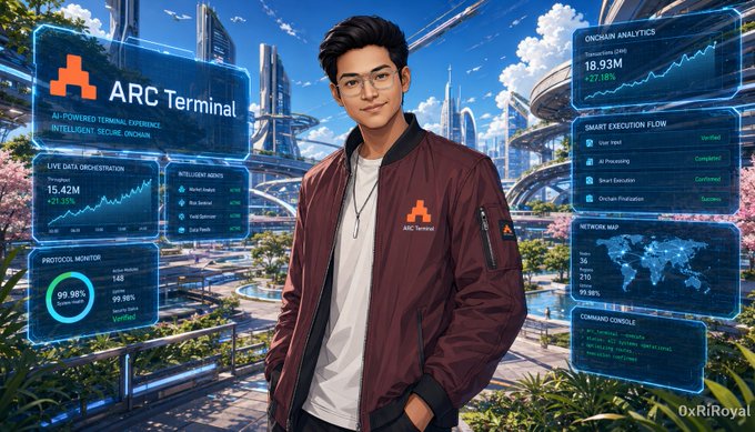 A futuristic promotional illustration for “ARC Terminal” shows a young man in glasses and a burgundy ARC jacket standing in a bright high-tech city. Holographic panels display analytics such as “ARC Terminal,” “LIVE DATA OBSERVATION,” “INTELLIGENCE MODUS,” “PROTOCOL MONITOR,” “ONCRAN ANALYTICS,” “SMART EXECUTION FLOW,” and “NETWORK MAP,” with “0xRIRoyal” at the lower right.