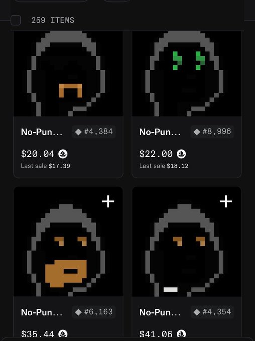 A marketplace listing shows 259 items featuring pixelated hooded character NFTs from 'No-Pun...' collection with various prices in ETH.