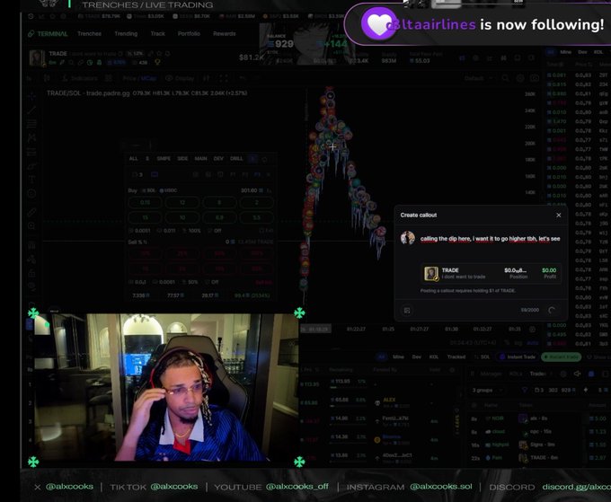 The image shows a TradingView livestream interface featuring TRADE/SOL on a trading chart, a chat with "calling the dip here, I want it to go higher tbh, let's see" and a callout indicating "BULL wants to trade." The streamer is visible in a bottom-left webcam feed, with various market data showing prices around $81.929, aligning with the caption about trading activity on TRADE after significant gains.