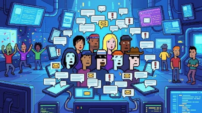 A cartoon-style illustration of a diverse group of people surrounded by floating chat bubbles, email envelopes, and exclamation marks in a tech room with monitors.