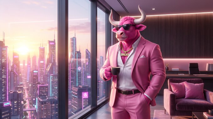 A digital artwork of an anthropomorphic pink bull wearing a pink suit, gold chain, and sunglasses, holding a coffee cup while standing in a modern high-rise office with floor-to-ceiling windows overlooking a neon-lit cityscape at sunset.