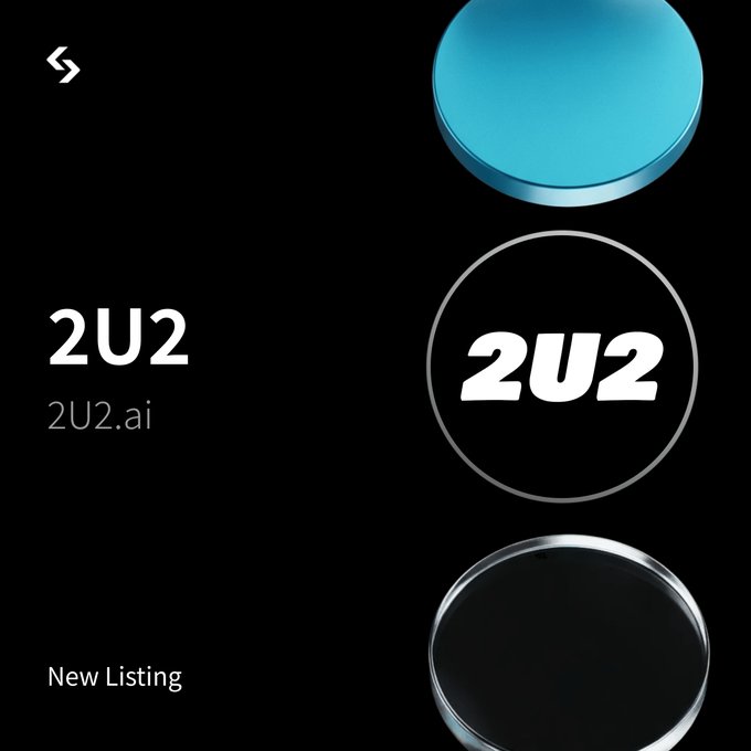 A digital interface on a black background showing the text '2U2', '2U2.ai', and 'New Listing', accompanied by three circular icons in blue, black, and clear colors.