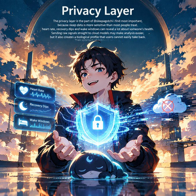 Anime-style illustration titled 'Privacy Layer' from @sleepagotchi showing a dark-haired character with a small sleeping creature, discussing how sleep data (heart rate, recovery dips, wake windows) is sensitive, with a shield and lock icon representing privacy protection.