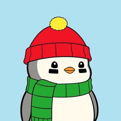 An illustration of a cartoon penguin wearing a red knit hat with a yellow pom-pom and a green scarf.
