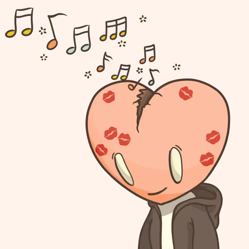 Cartoon illustration of a heart-shaped pink character covered in lipstick kiss marks with a crack on top, wearing a dark hoodie, with colorful musical notes floating above its head.