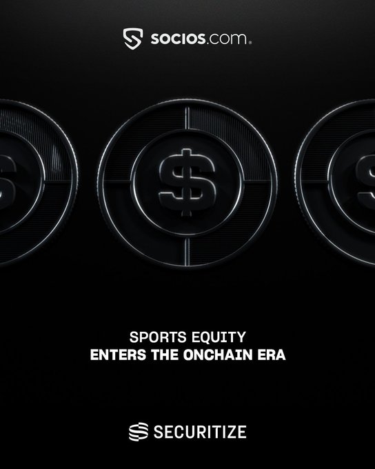 A promotional graphic for socios.com with black metallic coins featuring dollar signs, captioned 'SPORTS EQUITY ENTERS THE ONCHAIN ERA' with the Securitize logo.