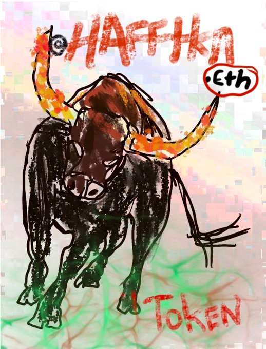 A colorful digital artwork features a brown bull with fiery orange horns, set against the text 'WAFFKA', 'Eth', and 'TOKEN'.