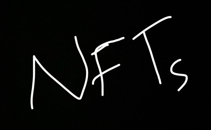 A minimalist black image with the handwritten white text "NFTS" in the center.