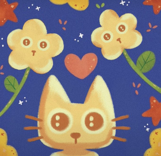 A cute illustration of a cat looking up at two smiling flowers with a heart between them against a starry blue background.