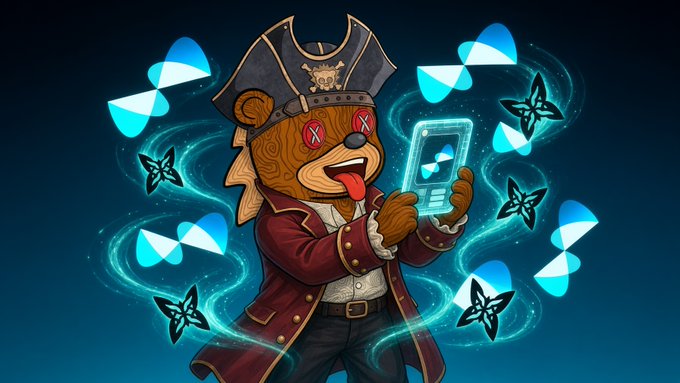 Digital art of a cartoon bear dressed as a pirate captain, with X's for eyes and its tongue sticking out, holding a smartphone displaying a logo, surrounded by glowing blue star shapes.