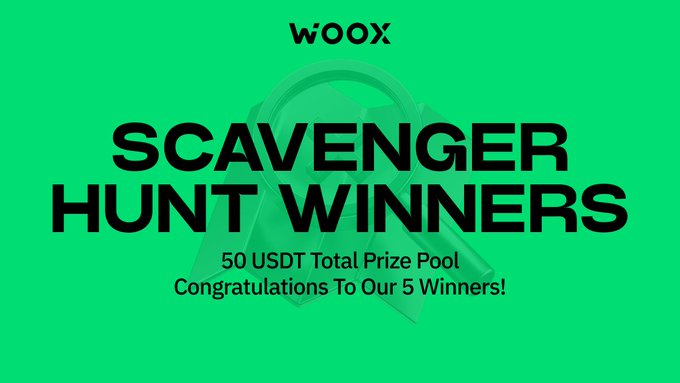 A bright green announcement graphic from WOOX declaring 'SCAVENGER HUNT WINNERS' with a 50 USDT total prize pool for 5 winners.