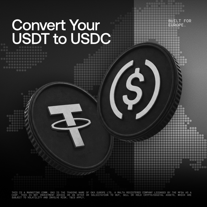 A black promotional graphic features two stylized crypto coins—one displaying the USDT "₮" symbol and the other a USDC "$" logo—against a faint dotted world map background, with bold white text reading "Convert Your USDT to USDC" and "BUILT FOR EUROPE" in the corner, illustrating OKX's European-focused USDT-to-USDC conversion offer with an 8% deposit bonus.