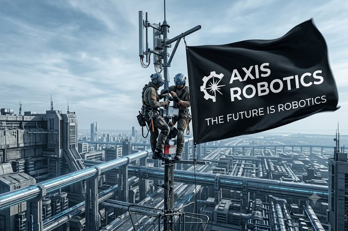 A futuristic sci-fi scene showing two workers on a high-tech antenna structure with a black flag reading 'AXIS ROBOTICS - THE FUTURE IS ROBOTICS' against a sprawling cityscape.