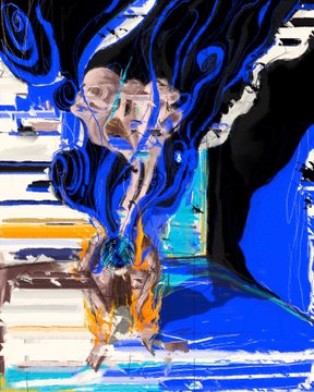 An abstract digital artwork features swirling blue and black patterns merging with fragmented shapes in shades of tan, white, and bright blue. The piece visually represents the concept of "transient" states, echoing the provided text regarding available editions on @TransientLabs.