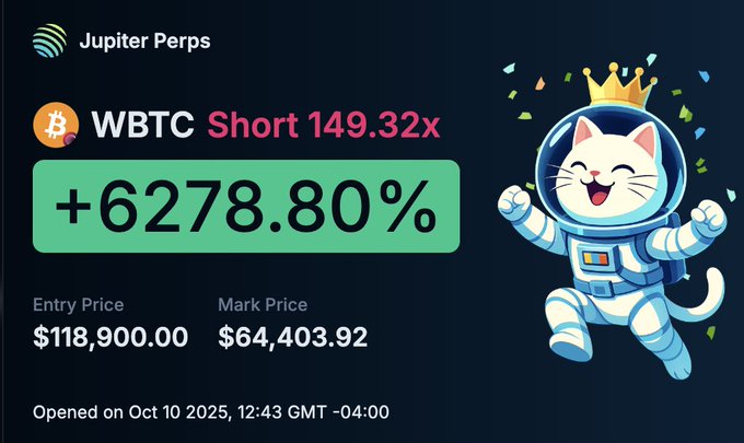 A promotional graphic from Jupiter Perps displays a highly profitable WBTC short position with +6278.80% gains, opened at an entry price of $118,900.00 and now marked at $64,403.92 on October 10, 2025, featuring a cheering astronaut cat mascot wearing a crown. The image ties to the post's reference to that same October 10 date, suggesting the trade's massive gains coincided with the timeframe being discussed around @0xtrendrift and Binance HQ.
